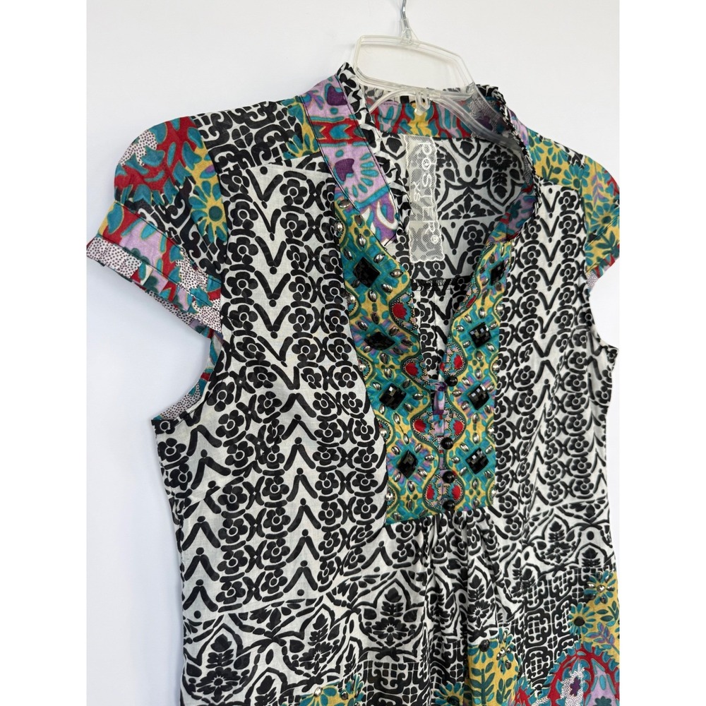 Poster Paisley Cotton Cap Sleeve Mini Dress XS Beaded‎ Multi-Color Boho Festival